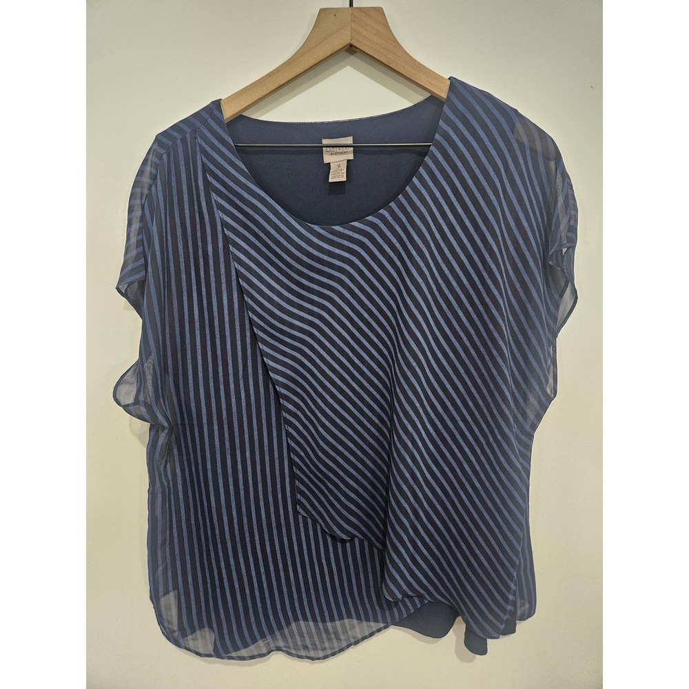 Easywear by Chico's Size 3 XL Blue Striped Draped Layered Blouse Asymmetrical